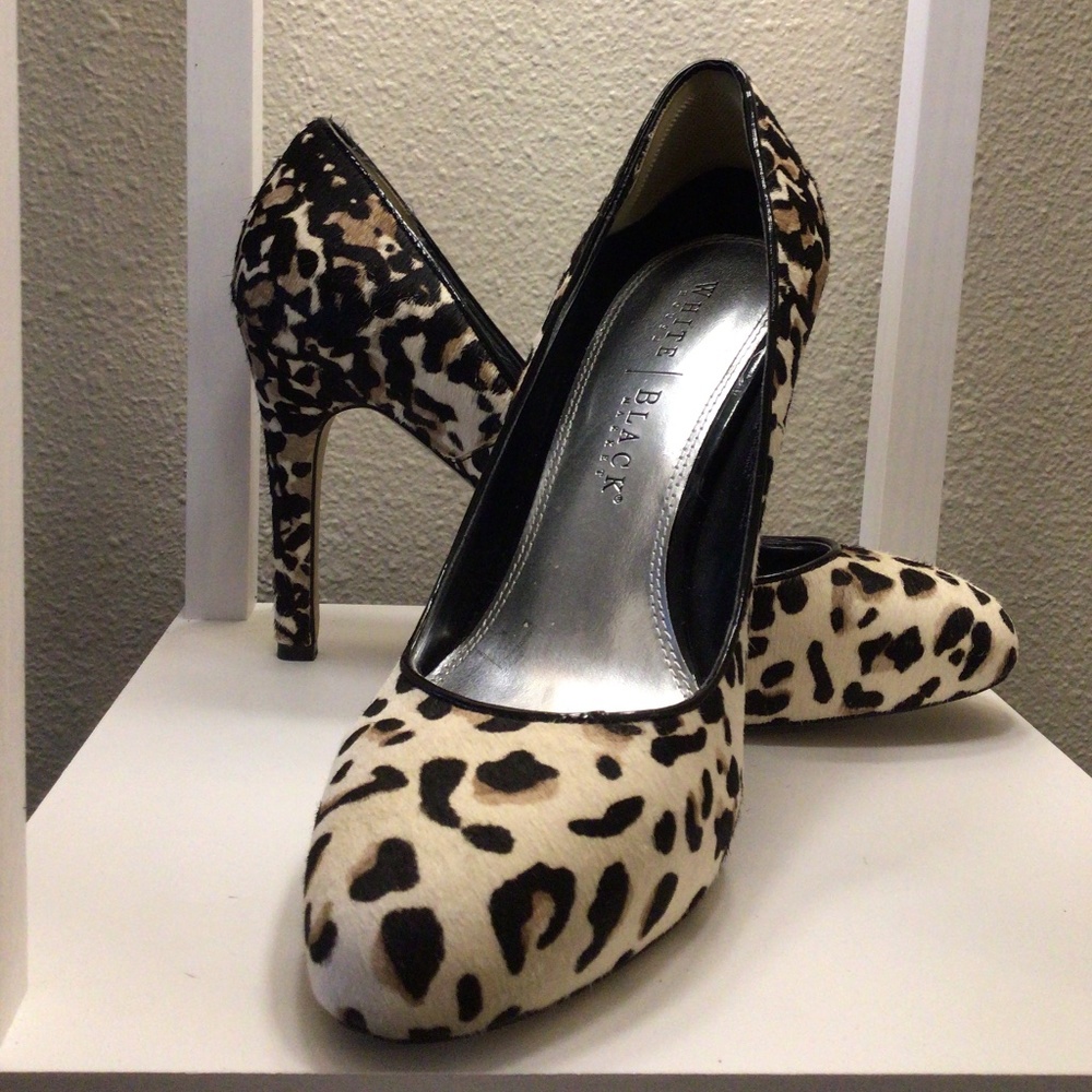 WHITE House/BLACK Market faux hair leopard print heels.